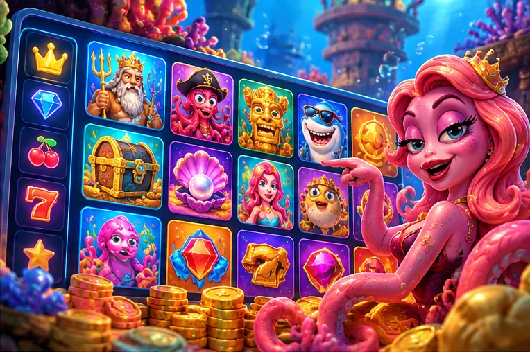 Octopus host beside a wall of slot reels
