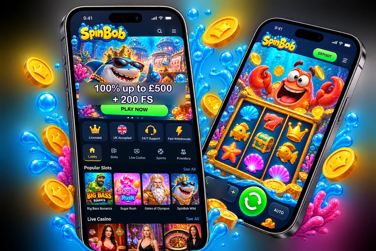Two phones showing the mobile lobby and a slot game